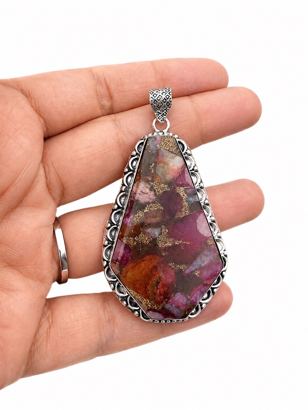 925 Sterling Silver - Purple and Gold Statement Teardrop Pendant 💜
